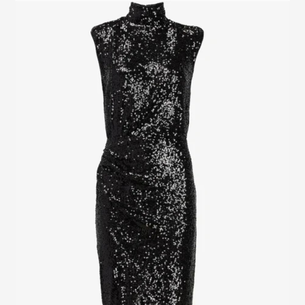 Express Sequin Midi Dress  Sleek Fit, Black, Sequins,‎ Mock Neck, Asymmetrical